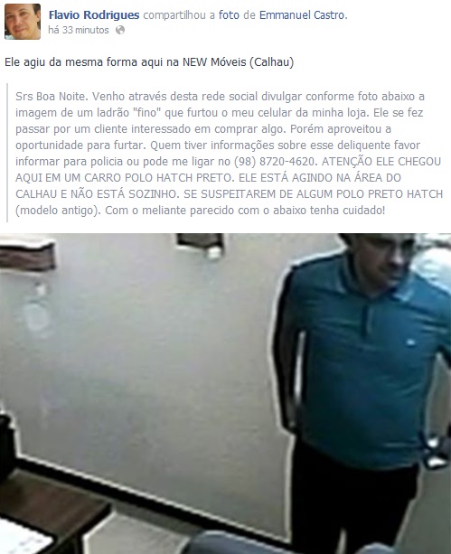 Usuários do Facebook compartilham imagem do que seria o acusado dos furtos. Foto: Reprodução / Facebook