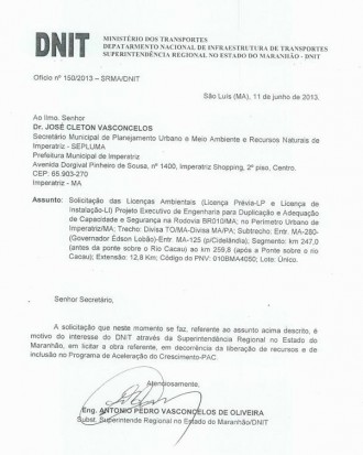 Documento do Dnit postado no Facebook não comprava a mediação de Davi Júnior na revitalização da rodovia. Foto: Reprodução / Facebook