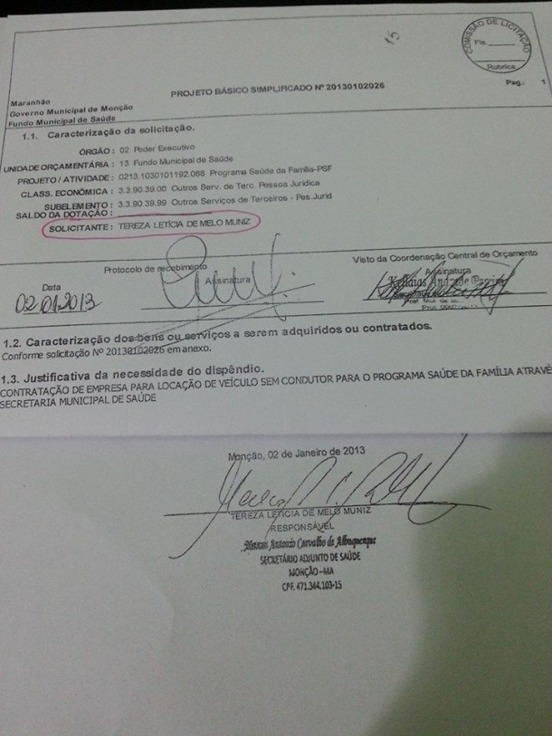 O DOCUMENTO Cópia do documento que requereu a contratação da Gaspar Júnior; assinatura, segundo vice-prefeita, teria sido falsificada.