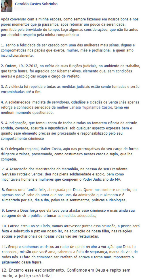 PODER X HONRA Vergonha pelo assédio cometido contra sua esposa teve de ser engolido por Geraldo Castro. Foto: Facebook / Reprodução